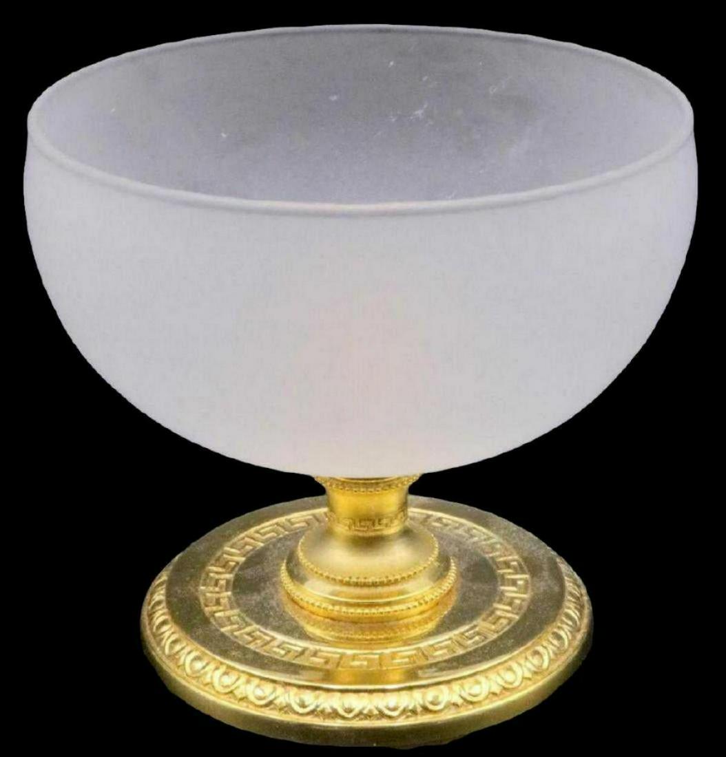 Versace Medusa "I Classici" Bronze & Glass Compote: Versace Medusa "I Classici" 24Kt Plated Bronze & Glass Compote. Measures - 5" high x 5 1/2" diameter. Hand crafted in Italy. 24Kt yellow gold plated die cast bronze.