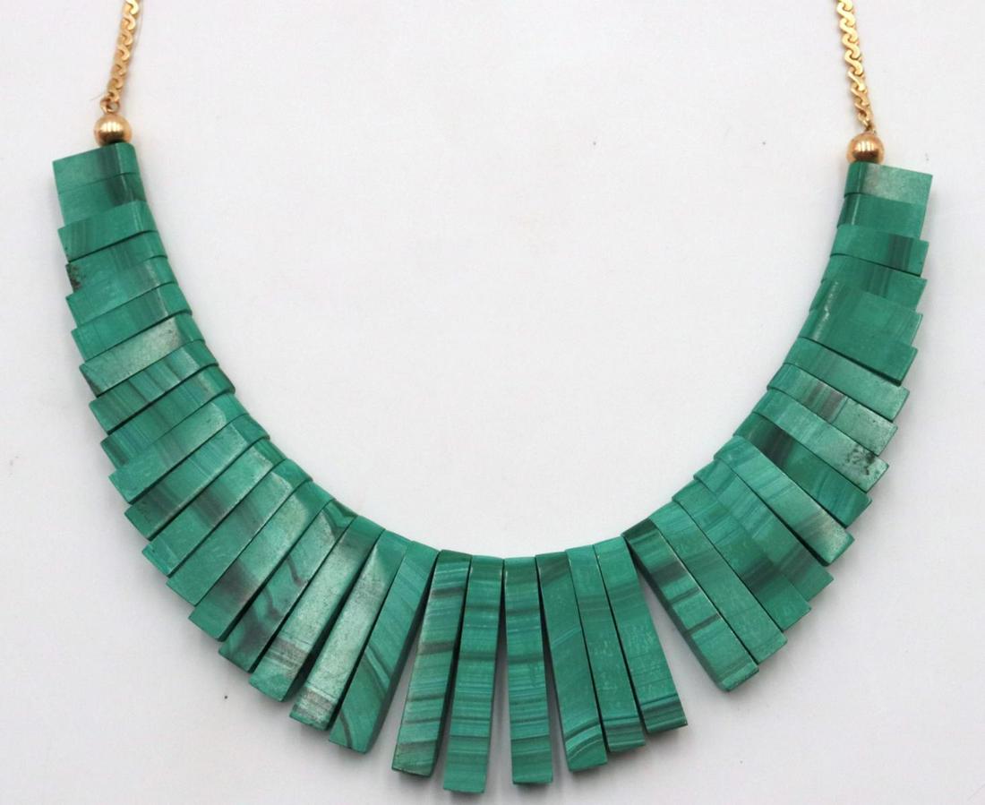 14Kt Yellow Gold & Malachite Necklace: 14Kt Yellow Gold & Malachite Necklace. Measures - 15 1/2" long. Weight - 47.5 grams.