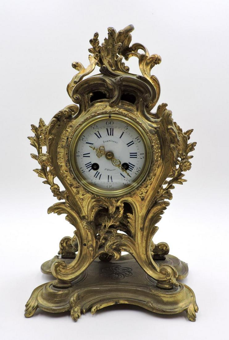 Antique Bartesago Ormolu Bronze Clock: Antique Bartesago French Ormolu Bronze Clock. Measures - 15" high x 11" wide.