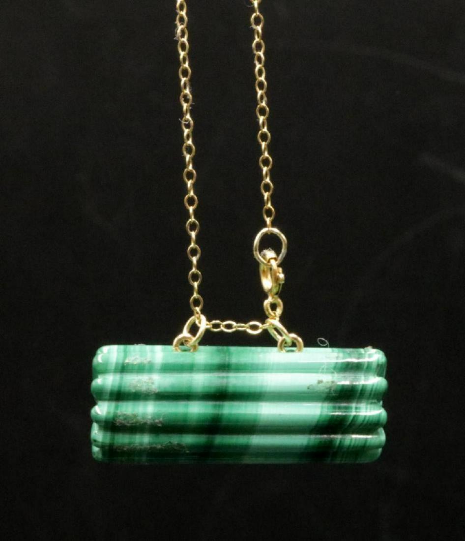 14Kt & Malachite Pendant w/ Necklace: 14Kt Yellow Gold & Malachite Pendant w/ Necklace. Necklace measures - 18" long. Weight - 9.6 grams.