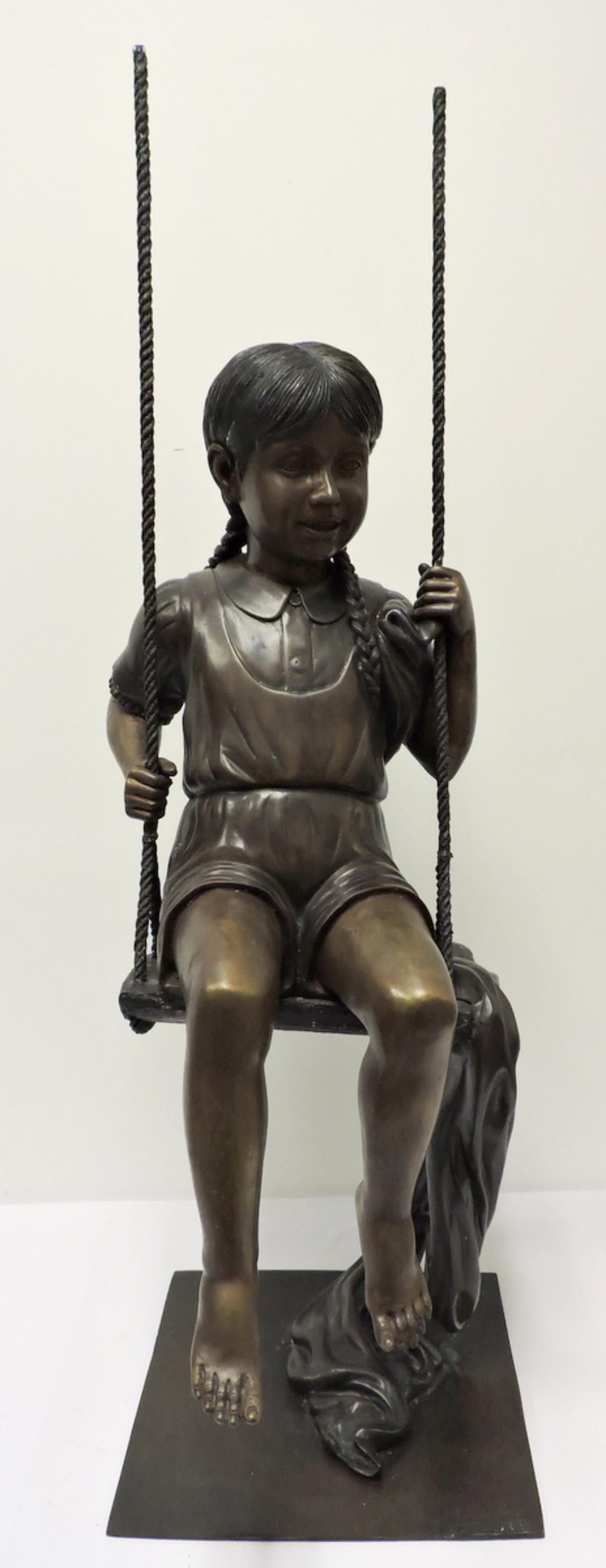 Leonardo Rossi "Child on Swing" Bronze Sculpture: Large Leonardo Rossi (20th Century) "Child on Swing" Bronze Sculpture. Measures - 48 5/8" high x 14 1/2" wide x 20" deep. Signed on base.