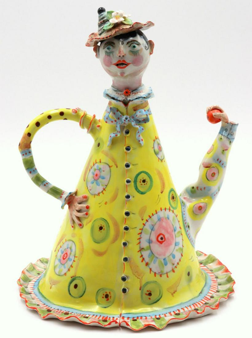 Irina Zaytceva (Russian, b. 1937) Porcelain Tea Pot: Rare Irina Zaytceva (Russian, b. 1937) Hand Painted Porcelain Whimsical Tea Pot. Depicting grotesque face with hat. Measures - 11 1/4" high x 8 1/2" wide. Irena Zaytceva is known for pinched porcelain