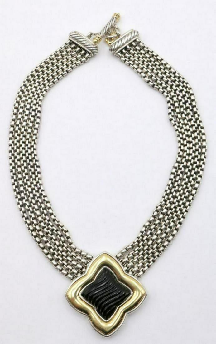David Yurman 18Kt & Sterling Onyx Necklace: David Yurman 18Kt Yellow Gold & Sterling Silver Onyx 5-Strand Necklace. Measures - 14" long. Pendant - 1 3/4" x 1 3/4". Weight - 140.8 grams.