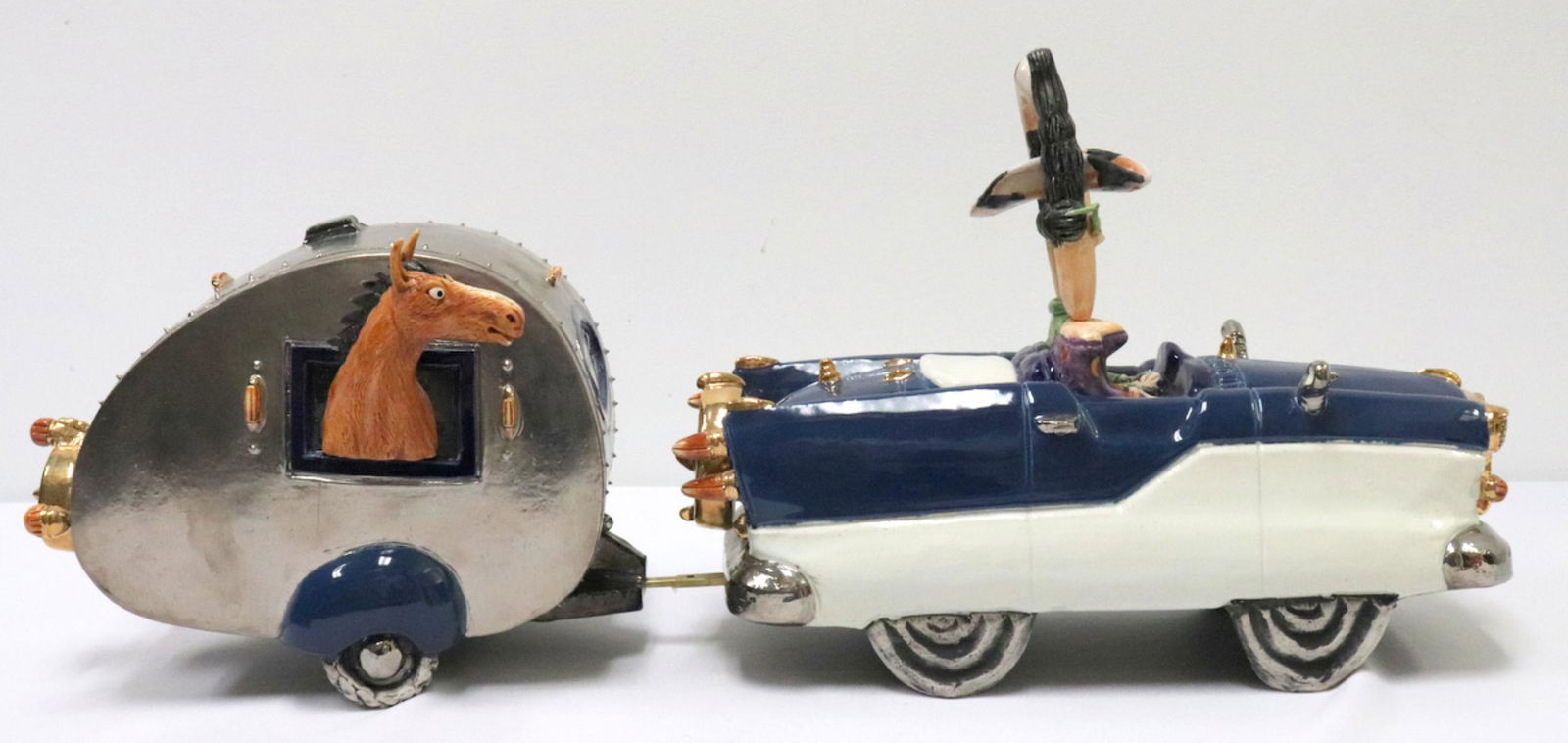 Full Moon Clay Whimsical Ceramic Car & Trailer: Full Moon Clay Co. Whimsical Ceramic Car & Trailer. # 26/85. Measures - 11" high x 26" long x 9" deep.