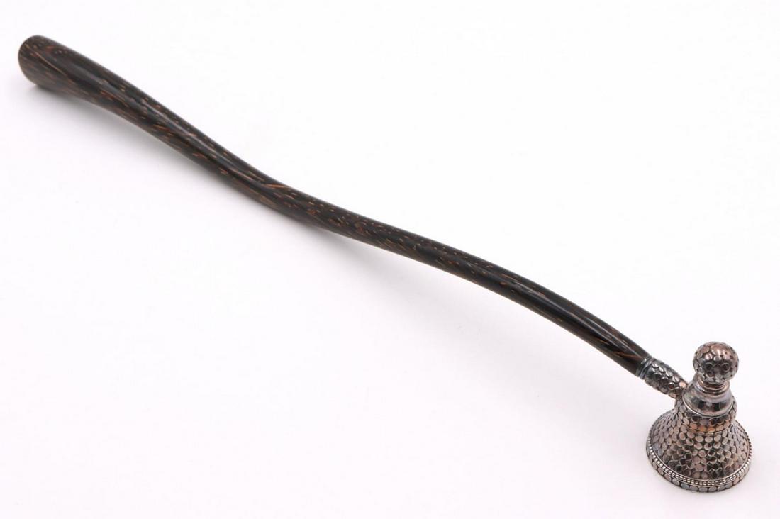 John Hardy Sterling & Palmwood Candle Snuffer: John Hardy Sterling Silver & Palmwood Candle Snuffer. Measures - 13 1/4" long.