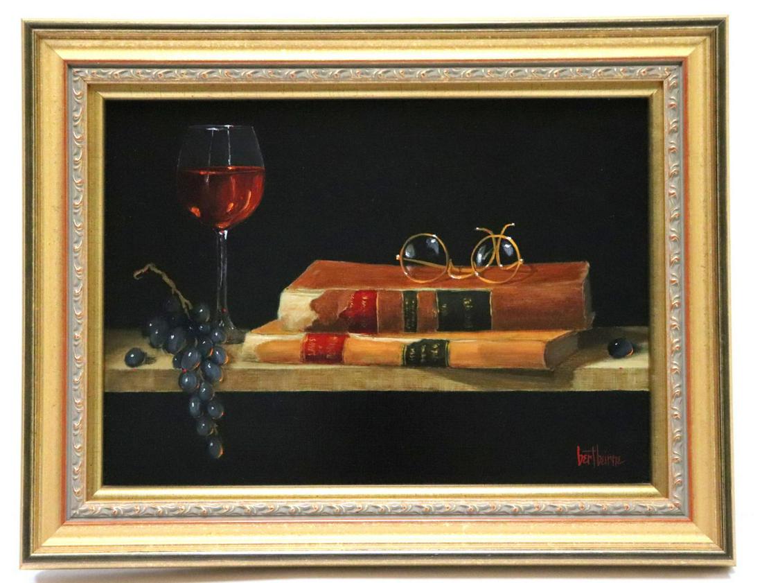 Bert Beirne (American, b.1939) "Wine & Books" Oil on: Bert Beirne (American, b.1939) "Wine & Books" Oil on Panel. Measures - 10" x 14", total with frame - 14" high x 18" wide. Bert Beirne combines her love of painting and traditional techniques into dist