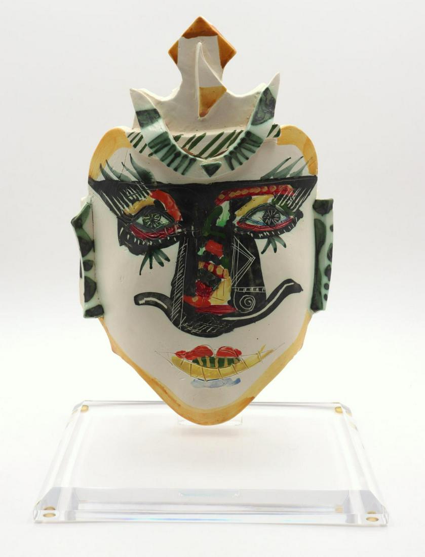 Gilbert Portanier Ceramic Painted Mask w/ Stand: Gilbert Portanier Ceramic Painted Mask with Stand. Measures - 14" high x 9 1/2" wide without stand.