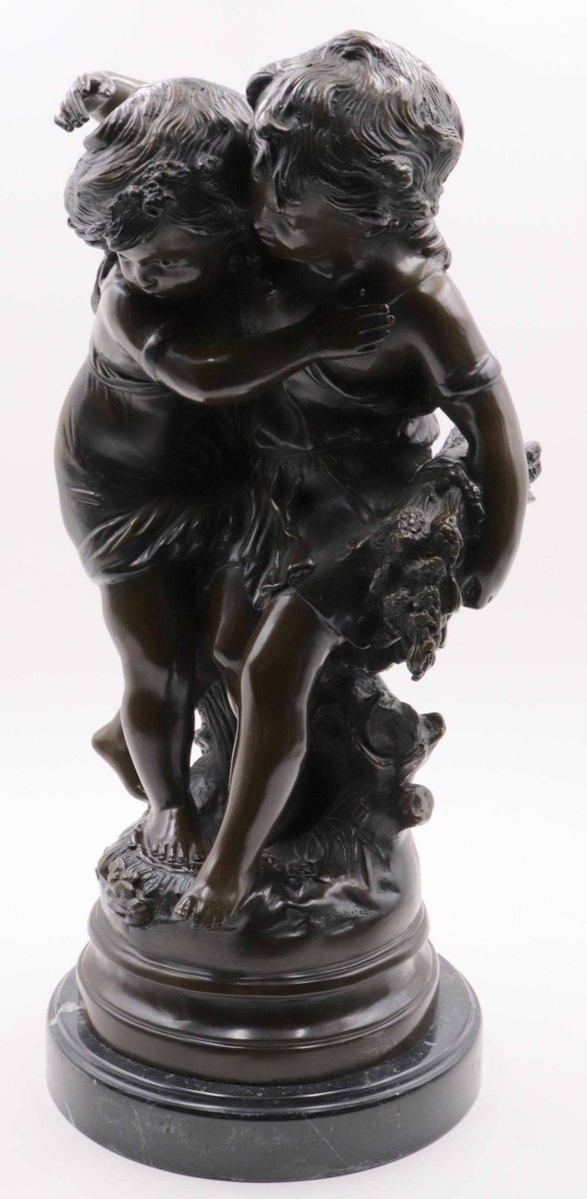 After Auguste Moreau Bronze Group: After Auguste Moreau Bronze Group. Measures - 21 1/2" high x 9" wide.