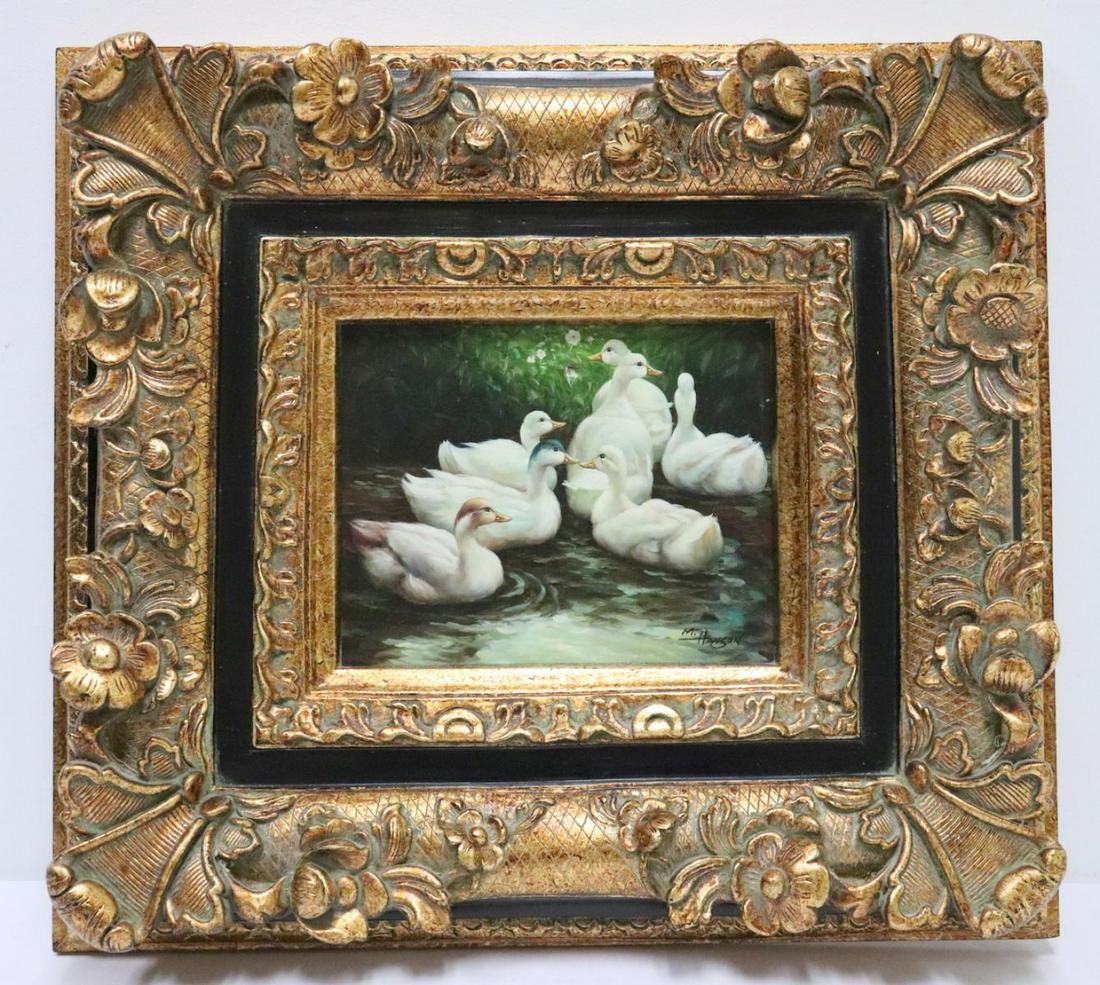 Signed M. Hanson Oil on Panel: Signed M. Hanson Oil on Panel. Depicting a school of ducks, signed lower right. Measures - 7" high x 9" wide, total with frame - 21 3/4" wide x 19 1/4" high.