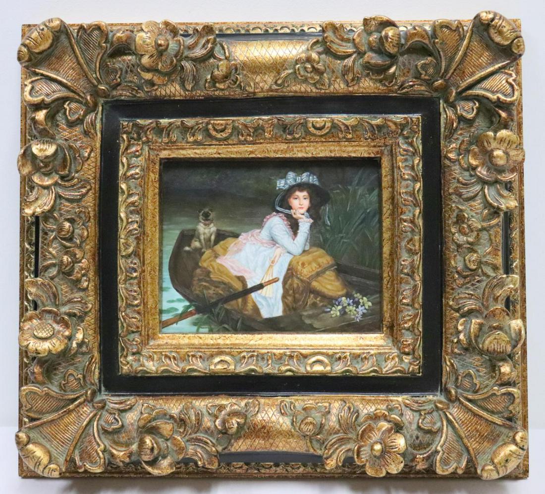 Possibly M. Hanson Oil on Panel: Possibly M. Hanson Oil on Panel. Depicting a girl with a cat on a boat. Measures - 7" high x 9" wide, total with frame - 21 3/4" wide x 19 1/4" high.