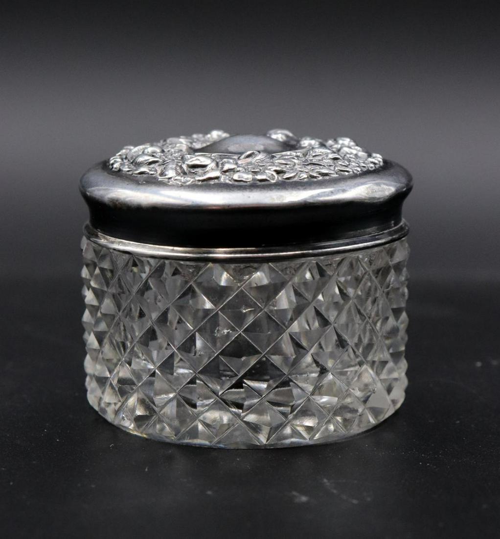 Antique Cut Crystal & Sterling Pill Box: Antique Cut Crystal & Sterling Silver Pill Box. Measures - 1 1/4" high.