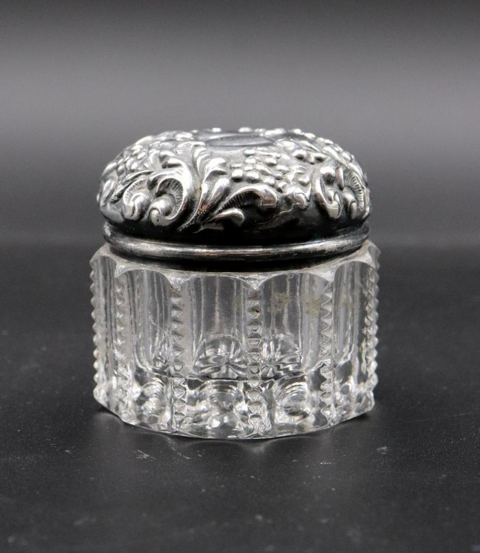 Antique Cut Crystal & Sterling Pill Box: Antique Cut Crystal & Sterling Silver Pill Box. Measures - 1 3/4" high.
