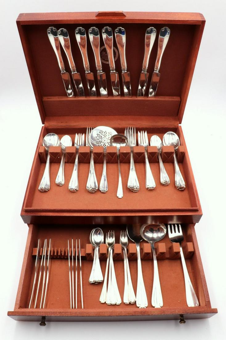 68 Tiffany & Co. "Flemish" Sterling Flatware Set: 68 Pc. Tiffany & Co. "Flemish" Sterling Silver Dinner Size Flatware Set. Service for 8, this set contains 8 dinner forks - 7 3/4", 8 salad forks, 8 cream soup spoons, 8 tea spoons, 8 cocktail forks, 7