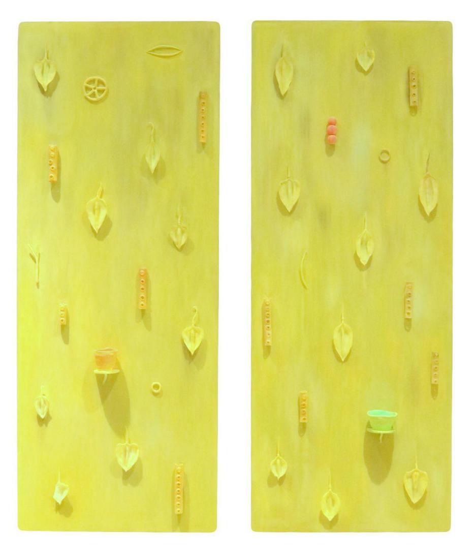 Unique Contemporary Art Glass Plaques: Rare Unique Contemporary Hand Made 3-D Art Glass Wall Plaques. Unsigned. Depicting 3-D leaves, twigs and bowls. Measures - 44" high x 17 1/2" wide.