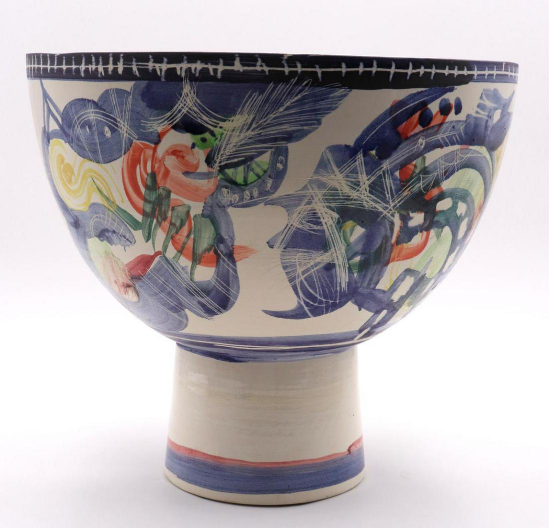 Gilbert Portanier Ceramic Painted Footed Bowl: Gilbert Portanier Ceramic Painted Footed Bowl. Measures - 11" high x 12 3/4" diameter.