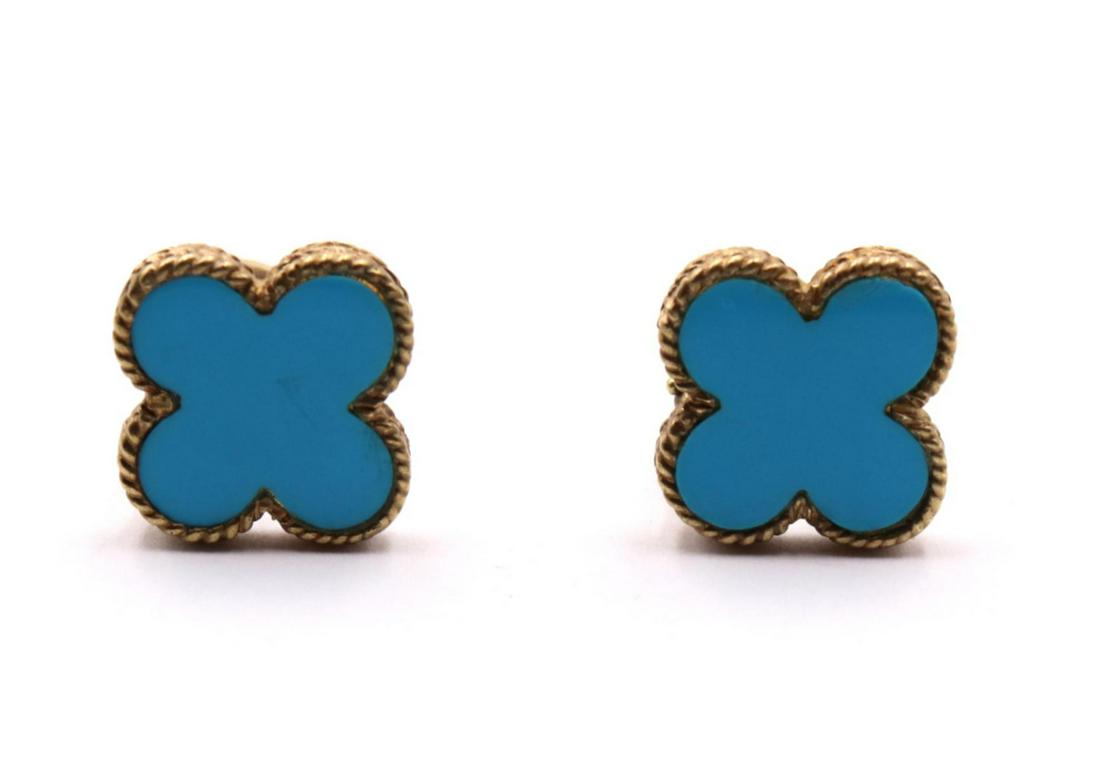 14Kt Yellow Gold & Turquoise Earrings: 14Kt Yellow Gold & Turquoise Earrings. Weight - 4.8 dwt. In the style of Van Cleef & Arpels.