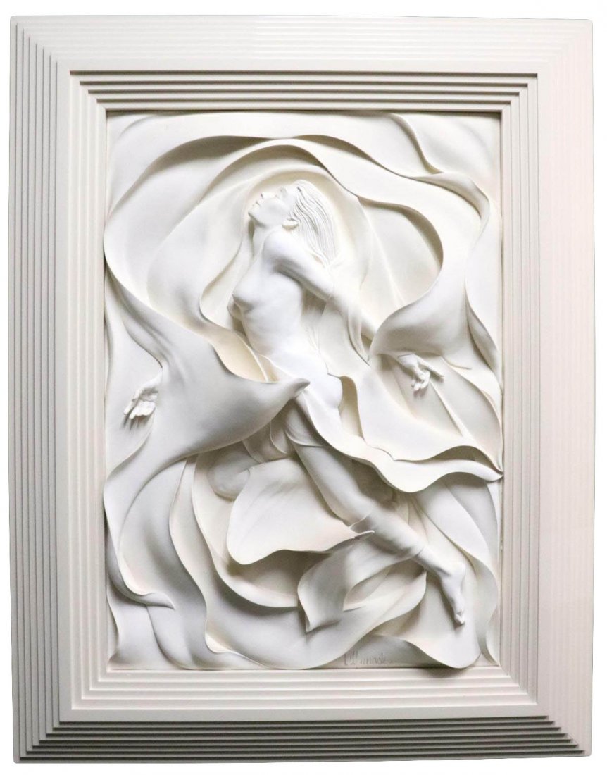 Bill Mack "Fantasy" Bonded Sand Framed Wall Sculpture: Bill Mack (American b. 1949) "Fantasy" Bonded Sand Framed Wall Sculpture. Year Produced - 1988. Artist proof. Depicting a beautiful nude woman. Sculpture measures - 36" high x 25 1/2" wide, total with