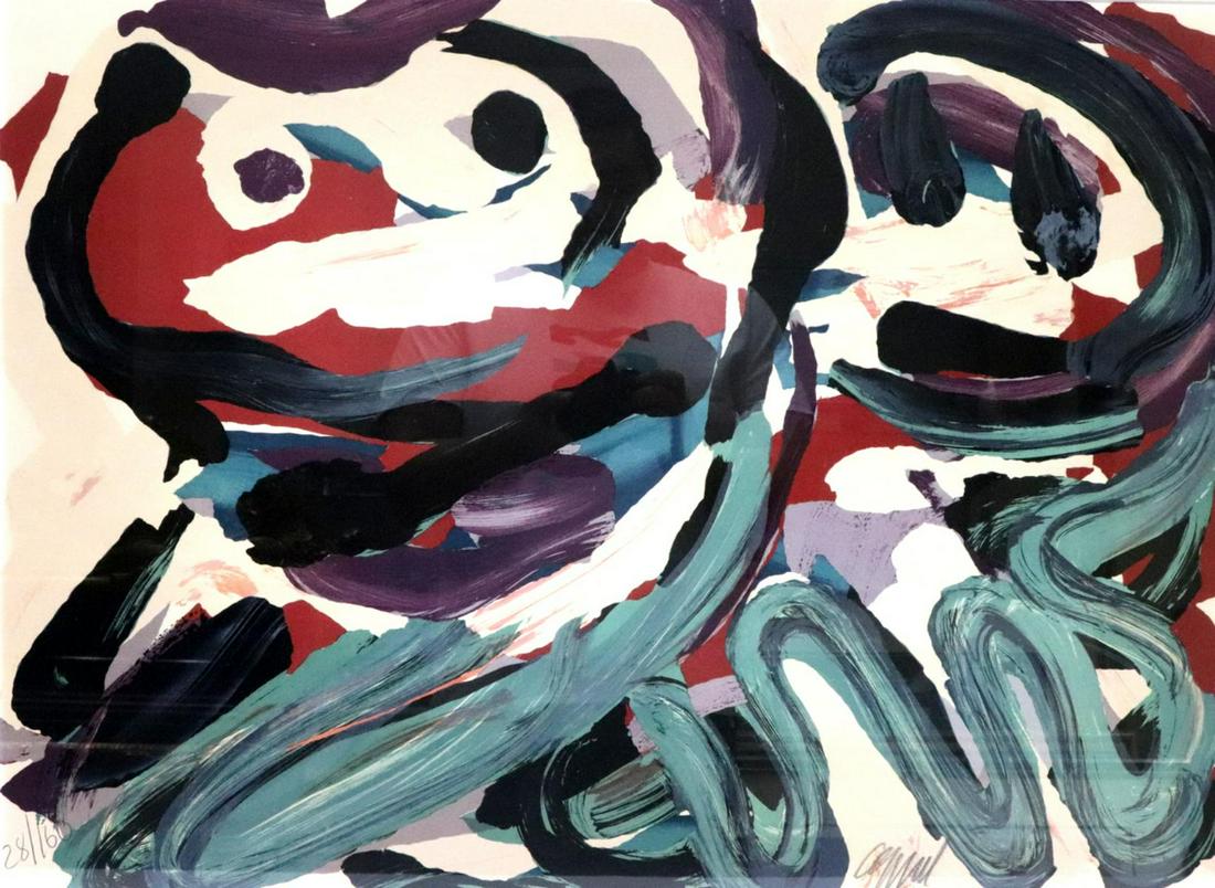 Karel Appel "Happy Battle" Lithograph: Karel Christiaan Appel (Dutch 1921-2006) "Happy Battle" Lithograph. Numbered - #28/160. Measures approx. - 20 3/4" high x 29" wide, total with frame - 27 1/4" high x 35 1/4" wide. Karel Appel was a pa