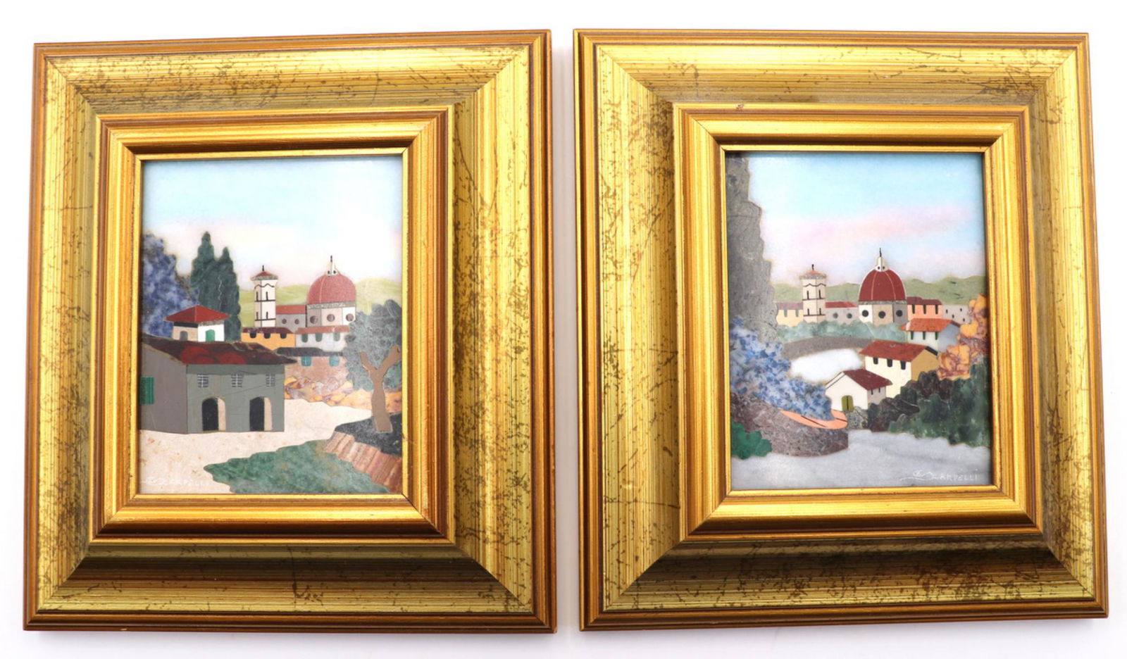 Scarpelli Italian Pietra Dura Plaques w/ Frames: Scarpelli, 20th Century Italian Pietra Dura Plaques w/ Frames. With inlaid multi-semi precious stones. With Lapis, malachite and more. Plaques measure approx. - 3 1/8" wide x 4" high, measurements wit