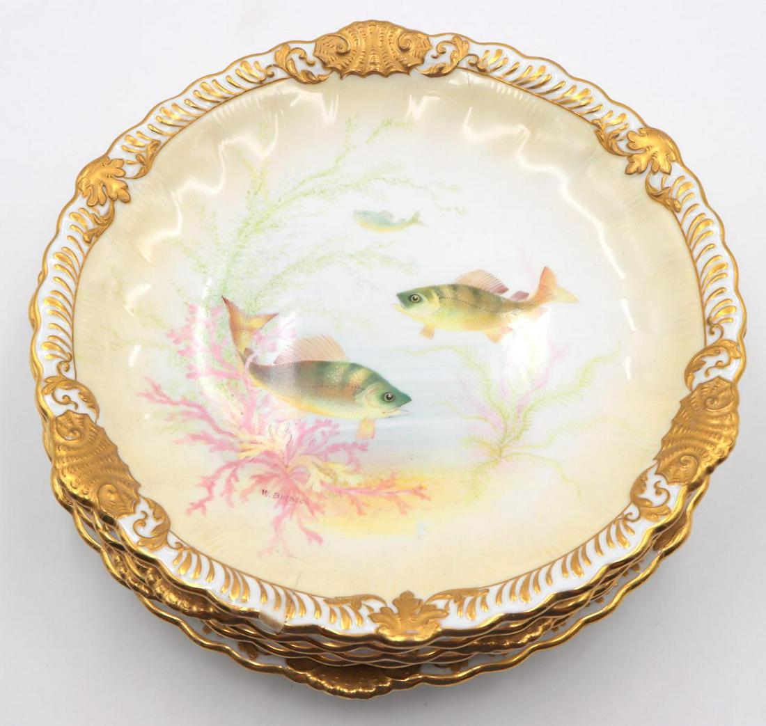 5 Pc. George Jones Crescent China Fish Plates: 5 Pc. George Jones Crescent China Hand Painted Fish Plates. All signed and painted by William Birbeck. Gilt painted scalloped edges. Measures approx. - 8 1/2" diameter.