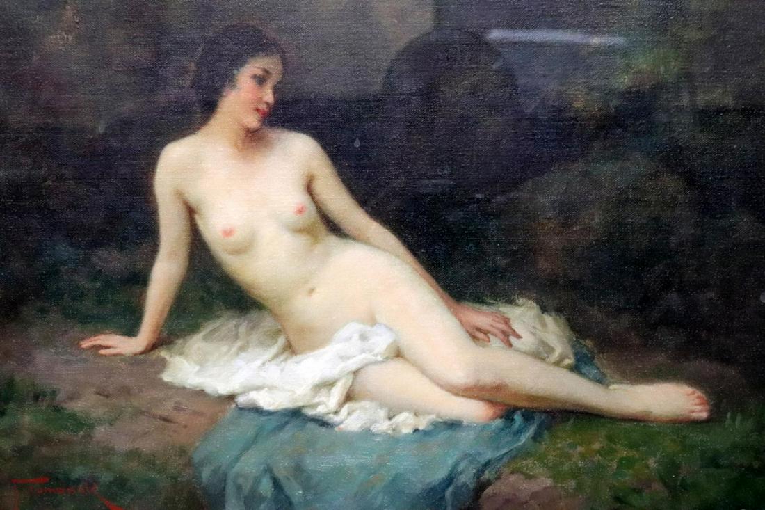 Joseph Tomanek (American 1889-1974) Oil on Canvas: Antique, Early 20th Century Joseph Tomanek (American 1889-1974) Oil Painting on Canvas. Depicting a nymph (nude). Measures approx. - 9 3/4" high x 13 3/4"wide, total with frame - 16 1/4" high x 20 1/4