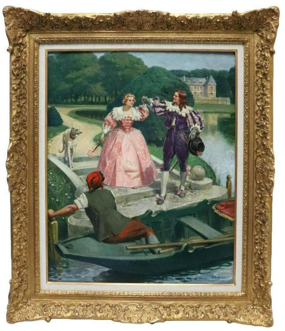 Georges Pierre Dutriac "La Promenade en Barque" Oil: Georges Pierre Dutriac (French 1865-1938) "La Promenade en Barque" Oil Painting on Canvas. Depicting a loving couple going to take a boat ride, dog in background. Painted in 1895 (Late 19th Century). 