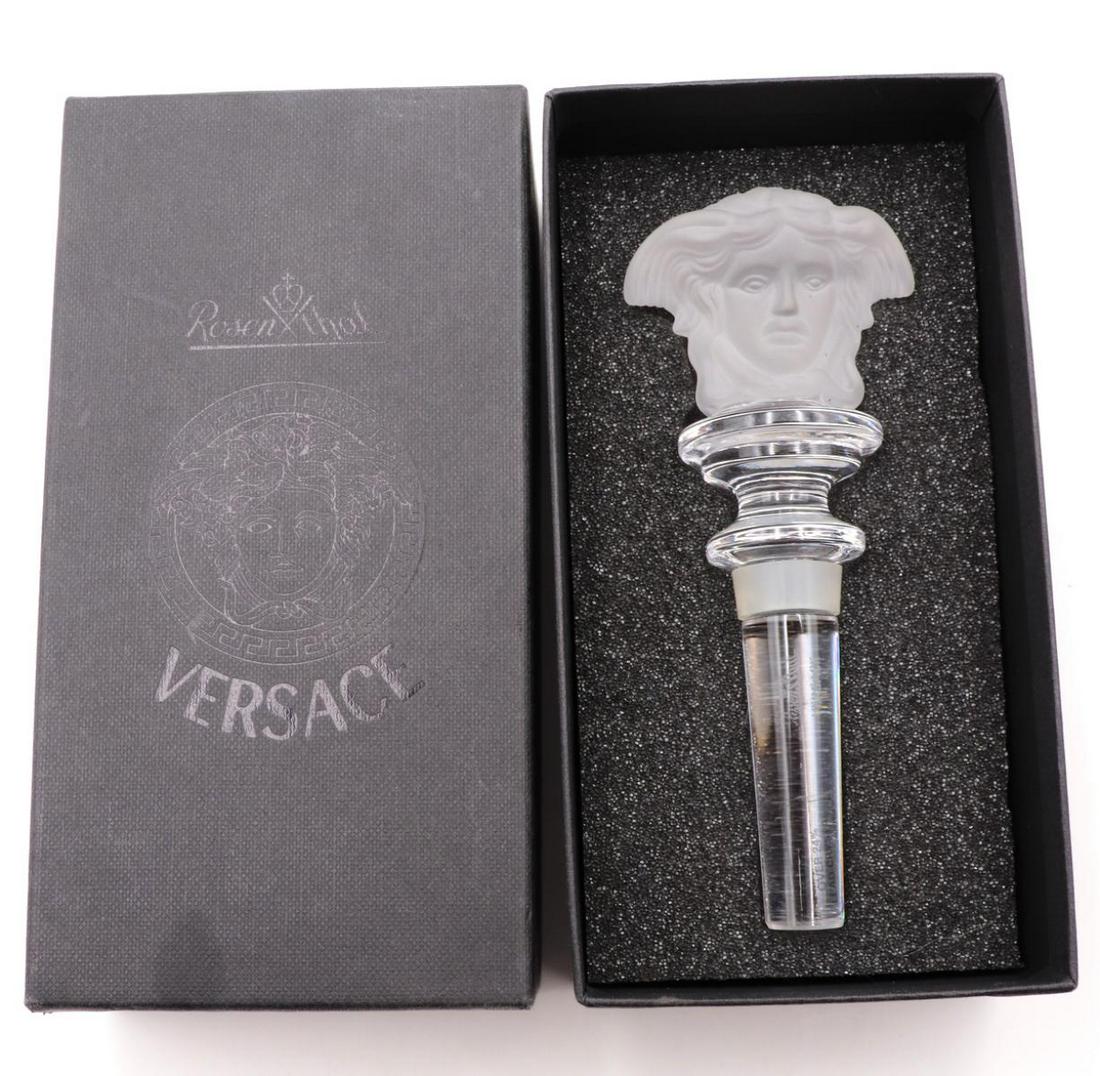 Rosenthal Versace Crystal Stopper: Rosenthal Versace Clear & Frosted Crystal Stopper. With original box. Measures approx. - 5 1/4" long.