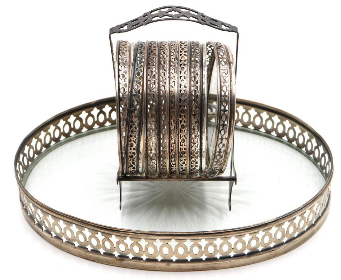 Vintage Sterling Silver & Glass Coaster Set: Vintage Sterling Silver & Glass Coaster Set. (8) Coasters measure - 3 1/8" diameter, coaster stand - 4 1/2" high x 2 3/4" wide, tray - 7 1/2" long x 5 1/2" wide.