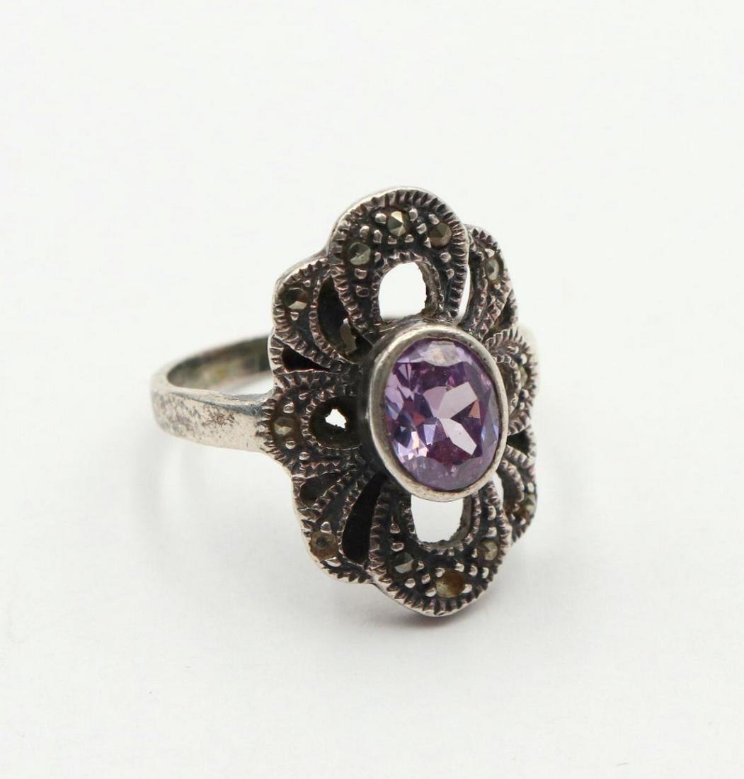 Sterling Silver Marcasite & Amethyst Ring: Sterling Silver Marcasite & Amethyst Ring. Size - 9. Weight - 4.7 grams.
