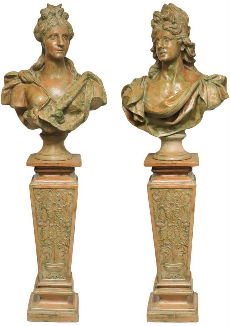 Ezio Ceccarelli "Apollo & Diana" Terracotta Busts: Monumental Antique (Late 19th/ Early 20th Century) Ezio Ceccarelli (Italian 1865-1927) "Apollo & Diana" Terracotta Busts with Terracotta Pedestals. Both busts are signed "Ceccarelli". Busts measures a