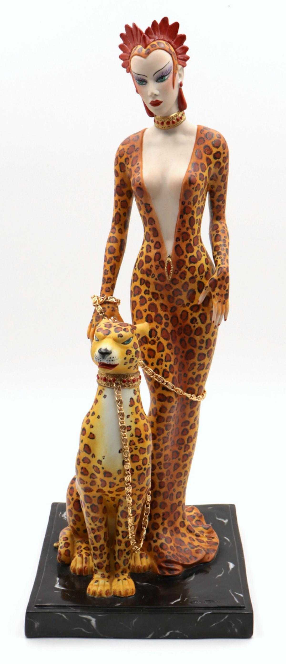 Capodimonte "Cheetah Girl" Porcelain Sculpture: Capodimonte "Cheetah Girl" Porcelain Sculpture. Sculpted by Edoardo Tasca. Measures approx. - 19 1/2" high x 7 1/4" wide.