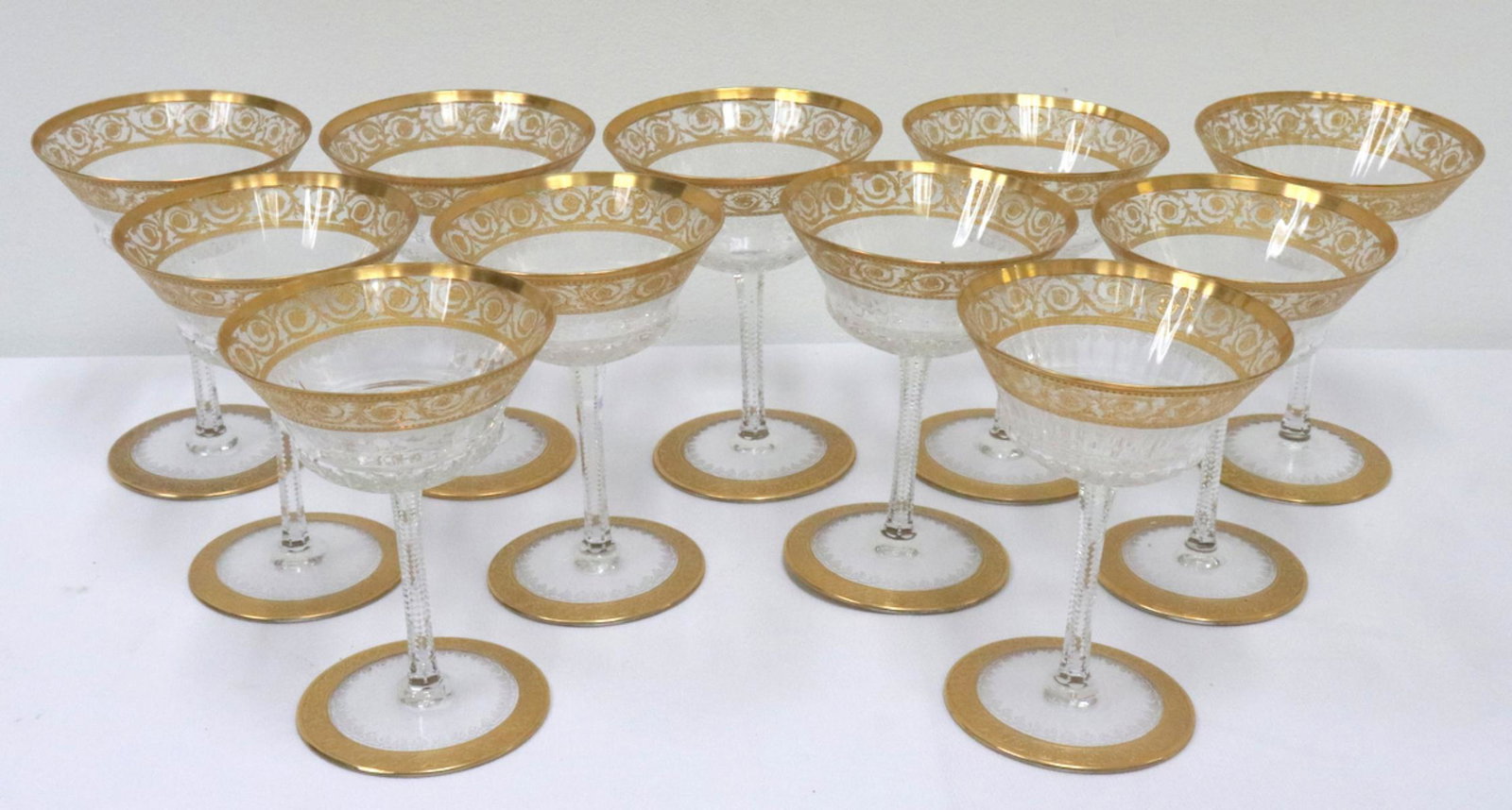 11 Pc. French Gilt Painted Cut Crystal White Wines: 11 Pc. French Gilt Painted Cut Crystal White Wine Glasses. Measures approx. - 5" high.