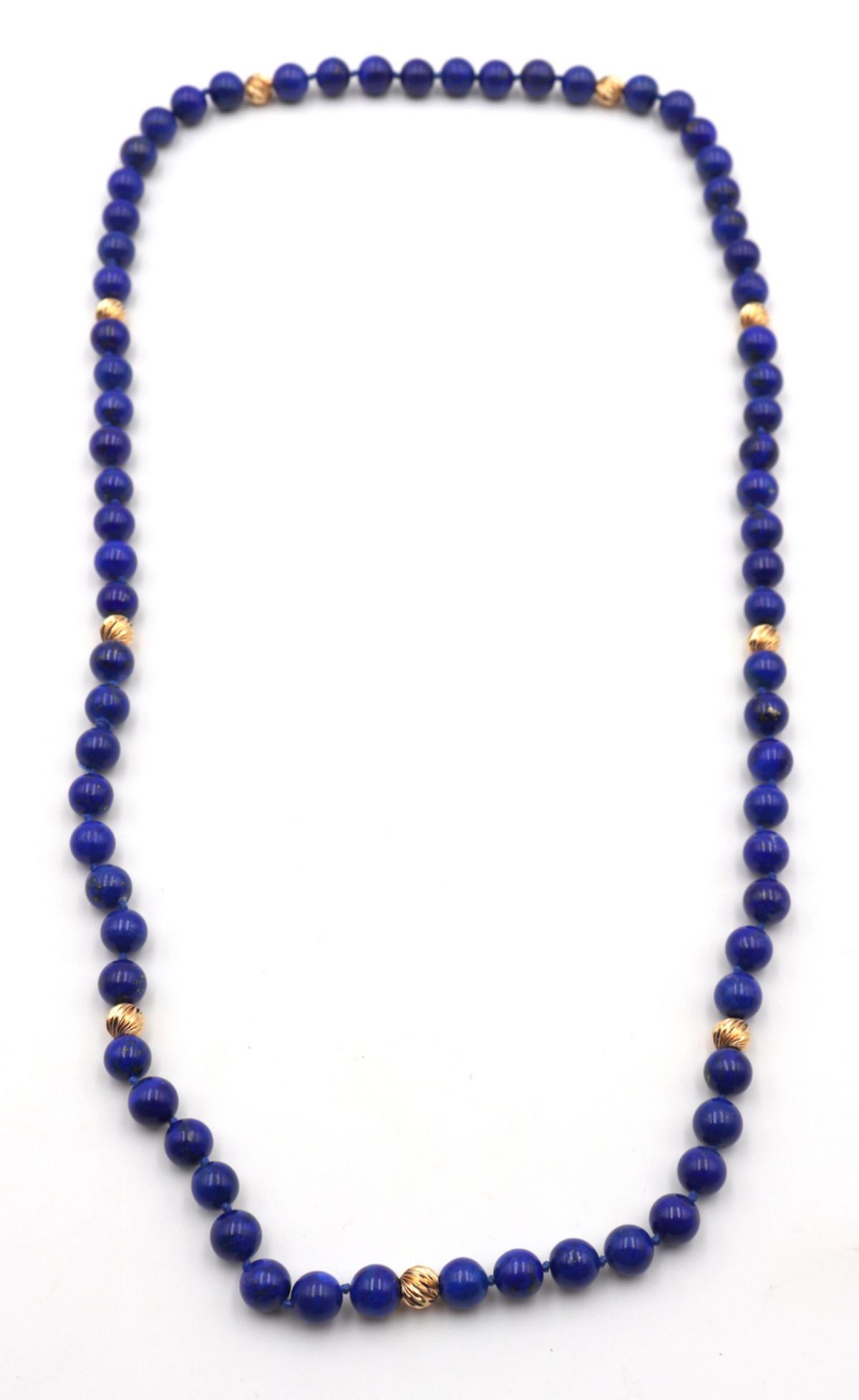 14Kt Yellow Gold & Lapis Beaded Necklace: 14Kt Yellow Gold & Lapis Lazuli Beaded Necklace. Measures approx. - 28" long.