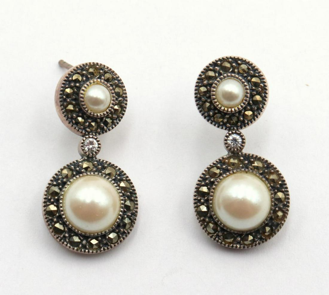 Judith Jack Sterling Pearl & Marcasite Earrings: Judith Jack Sterling Silver Pearl & Marcasite Earrings. Measures - 1" long. Weight - 9 grams.