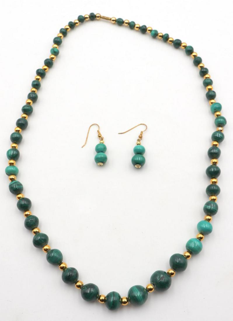 Malachite Beaded Necklace & Earrings Suite: Malachite Beaded Necklace & Earrings Suite. Necklace - 24" long.