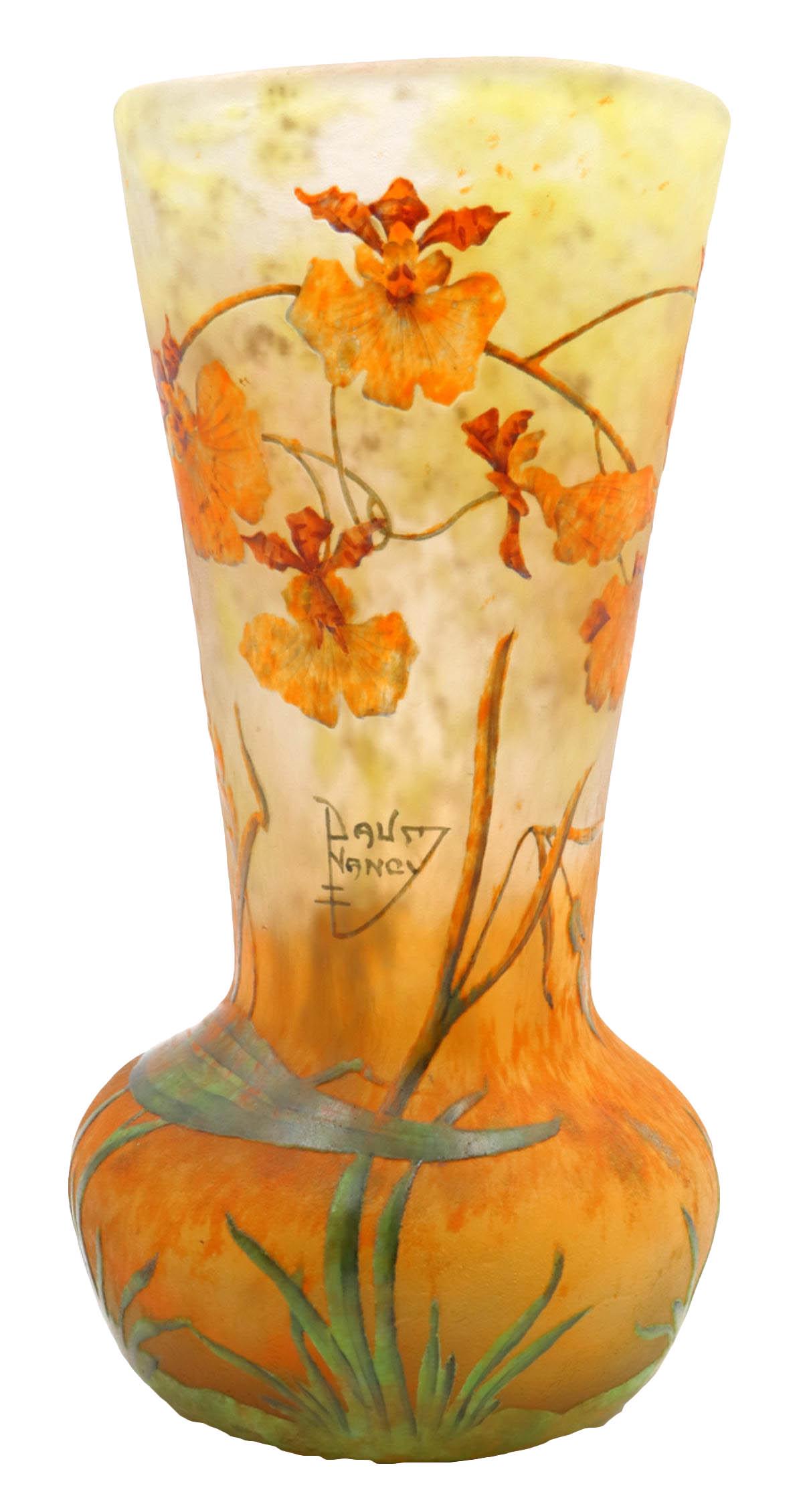 Daum Nancy Enamel on Cameo Glass Vase: Early 20th Century Daum Nancy French Hand Painted Enamel on Cameo Glass Vase. Depicting wild flower throughout. Signed Daum Nancy with Cross of Lorraine. Measures approx. - 9 7/8" high x 5 1/4" diamet