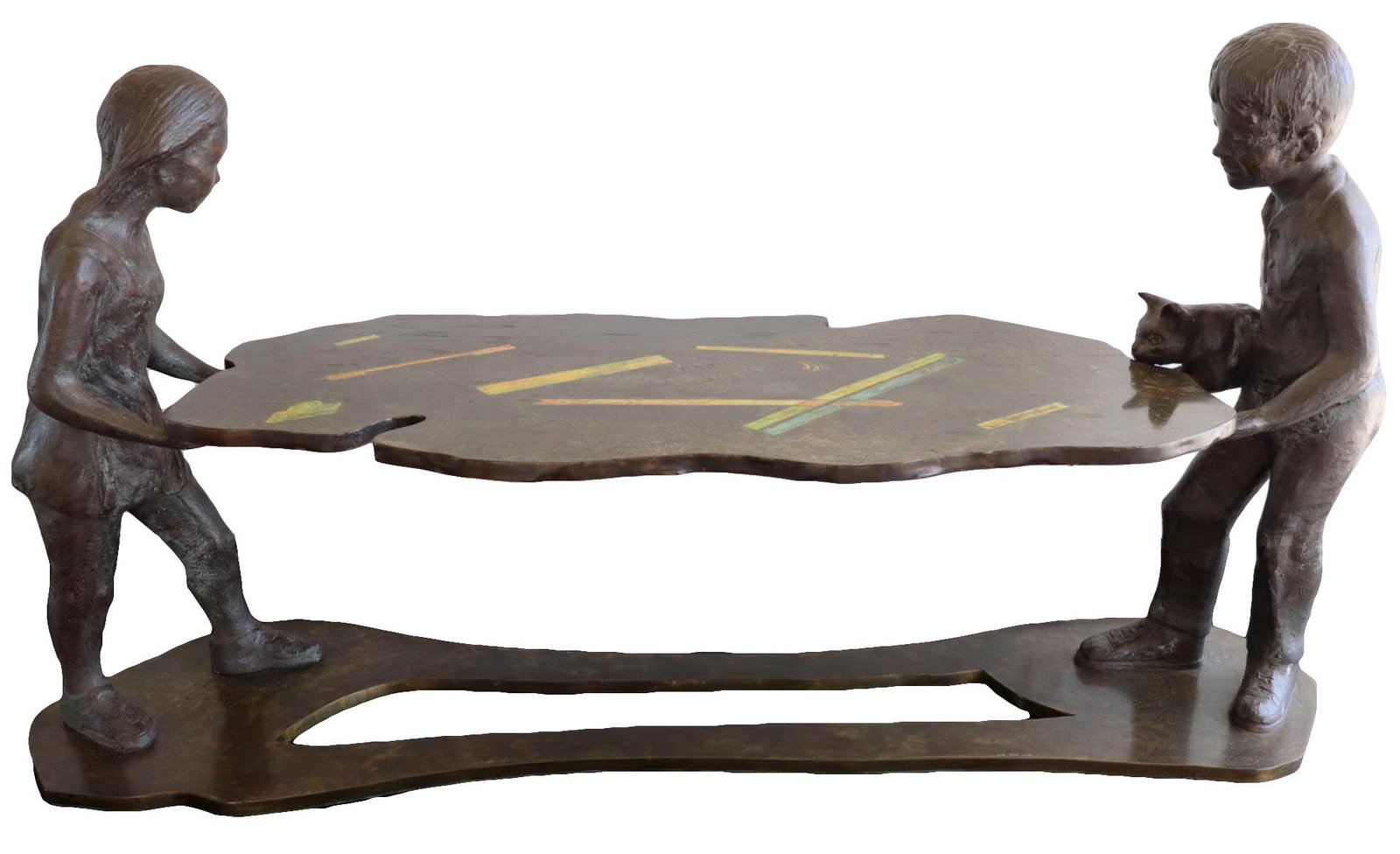 Philip & Kelvin LaVerne "Generation" Bronze Table: Rare Modernist Philip & Kelvin LaVerne (American, 1907-1987, b. 1937) "Generation" (Circa, 1964) Figural Bronze Coffee Table. Depicting a boy with cat and a girl on both ends of the table. One similar