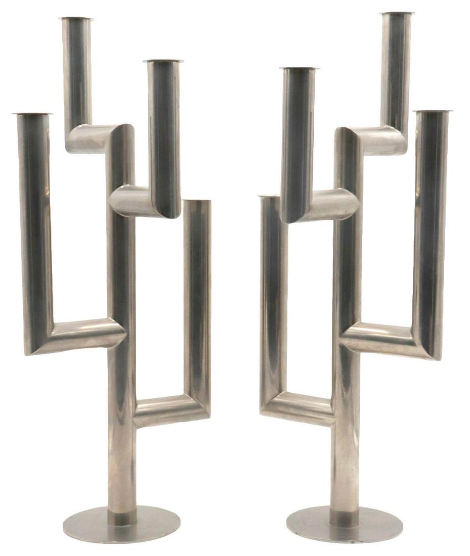 Karl Hagenauer Chrome Plated Brass Candelabras: Modernist Signed Karl (Carl) Hagenauer (Austrian 1898-1956) Chromium Plated (Nickel Plated) Brass 4-Light Candelabras. Art Deco. Measures approx. - 20 3/4" high x 8 1/2" wide. Marked Hagenauer Wien, M