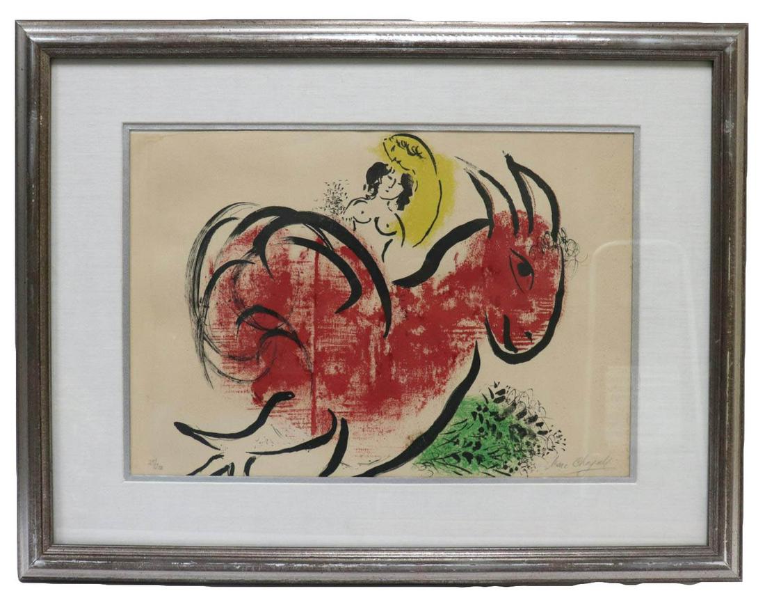Marc Chagall (1887-1985) "Le Coq Rouge" Color: Marc Chagall (1887-1985) "Le Coq Rouge" Color Lithograph. Numbered - #25/200. Pencil signed by Marc Chagall lower right. Measures approx. - 21" wide x 14 1/4" high, total with frame - 31" wide x 24" h