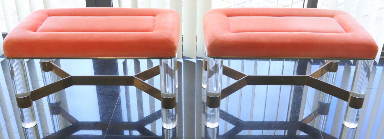 Pair of Karl Springer Brass & Acrylic Benches: Pair of Mid-Century Karl Springer (German 1931-1989) Brass & Acrylic (Lucite) Upholstered Benches. Measures approx. - 16 1/2" high x 28" long x 17" deep.