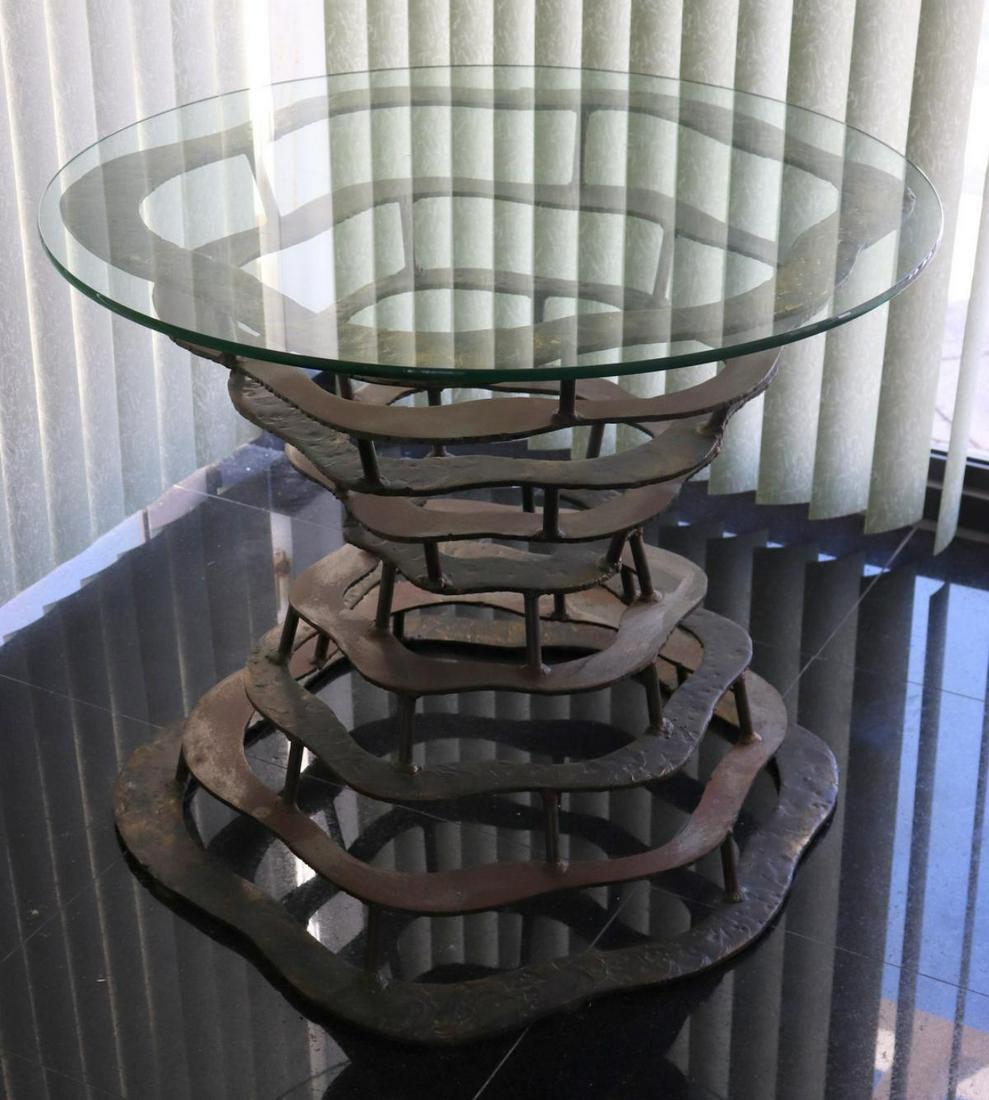 Silas Seandel (American, b.1937) "Volcano" Bronze Table: Mid-Century Silas Seandel (American, b.1937) "Volcano" Bronze & Steel Table. Measures approx. - 25 3/4" high x 30" diameter.