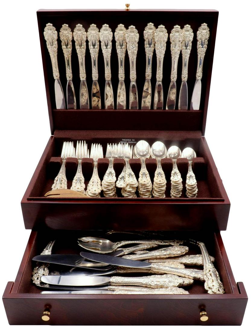 111 Gorham "Crown Baroque" Sterling Flatware Set: 111 Pc. Gorham "Crown Baroque" (circa 1975) Sterling Silver Flatware Set. Discontinued in 1991. This flatware is a service for 20, this set contains 20 forks, 20 salad forks, 20 oval spoons, 20 tea sp