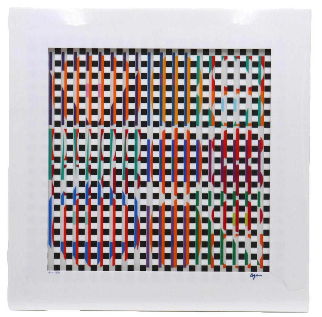 Yaacov Agam (Israel b. 1928) Polymorph Serigraph: Yaacov Agam (Israel b. 1928) Polymorph Kinetic Serigraph Sculpture. With a sliding shutter allowing the viewer to alter the combinations of colors visible. "H.C. #3/11" Signed lower right "Agam. Measu