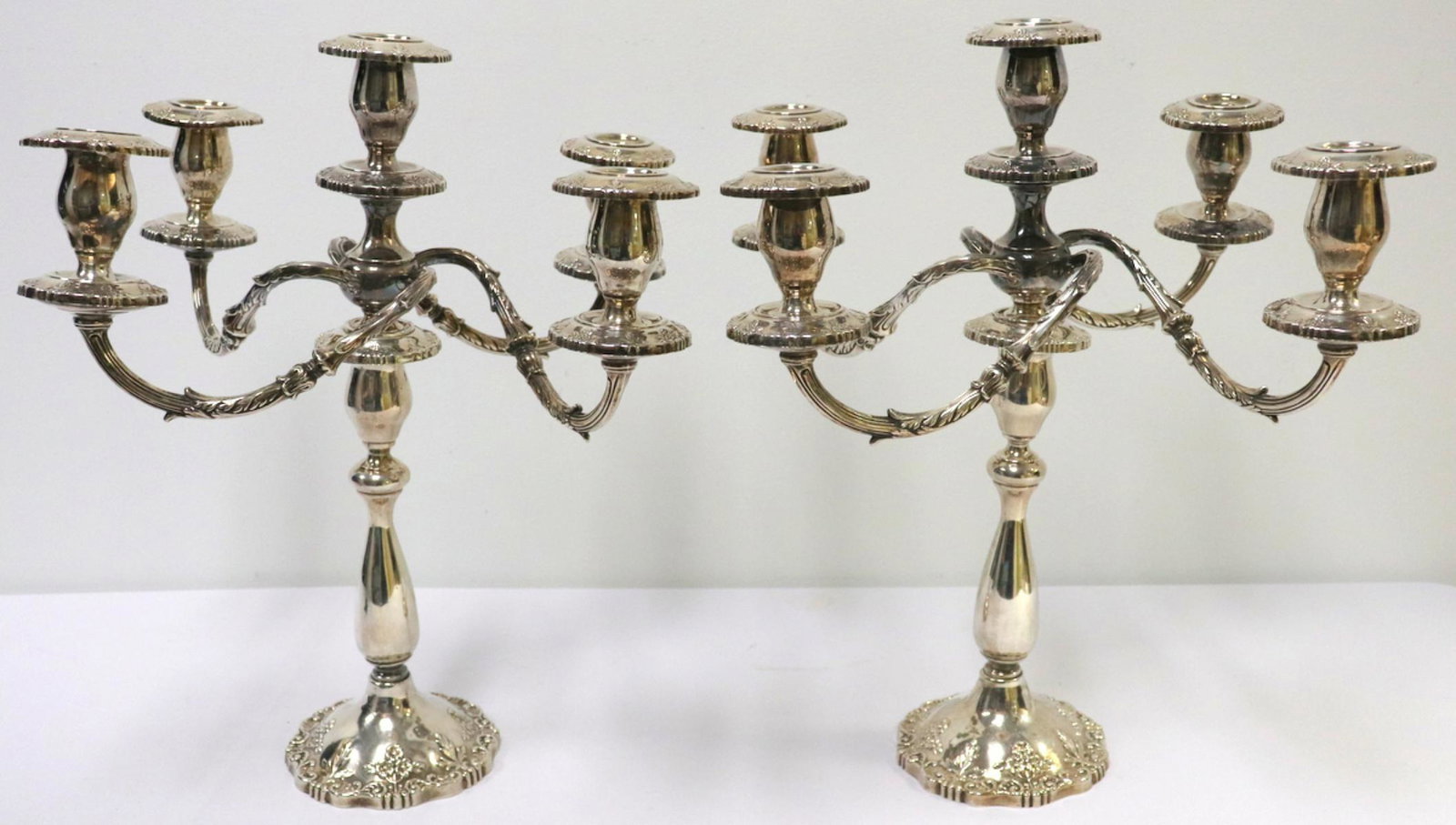 Fisher "English Rose" Sterling 5-Light Candelabras: Pair of Fisher "English Rose" Weighted Sterling Silver 5-Light Candelabras. #2450. Measures approx. - 17 1/2" high x 15 5/8" wide.