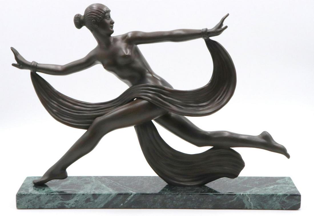 Alexandre Ouline (Belgium 1918-1940) Dancer Bronze: Early 20th Century, Alexandre Ouline (Belgium 1918-1940) "Danseuse au Voile" Bronze Sculpture. On green marble base. Signed "A. Ouline". Measures approx. - 14 1/2" high x 19 3/4" long x 4" deep.