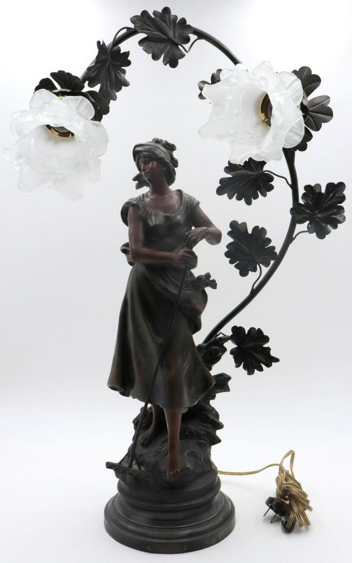 Original Auguste Moreau "Faneuse" Spelter Lamp: Antique Original Auguste Moreau (French 1834-1917) "Faneuse" Spelter 2-Light Lamp. Measures approx. - 27 1/2" high x 17" wide. Signed "Aug Moreau", with foundry mark.