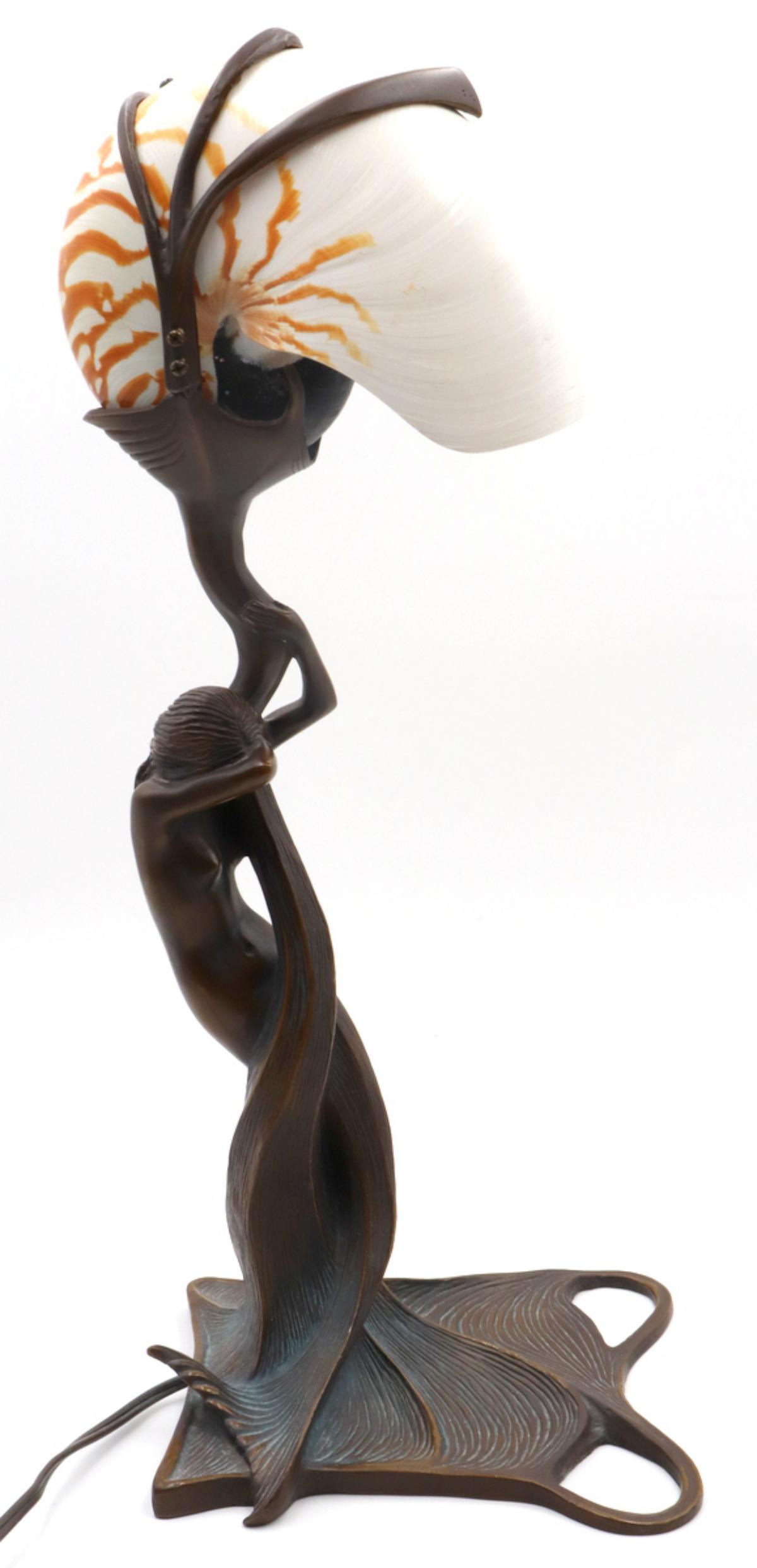 After Gustav Gurschner Nautilus Shell & Bronze Lamp: After Gustav Gurschner Nautilus Shell & Bronze Lamp. Art Nouveau style. Measures approx. - 19" high x 7 1/2" wide.