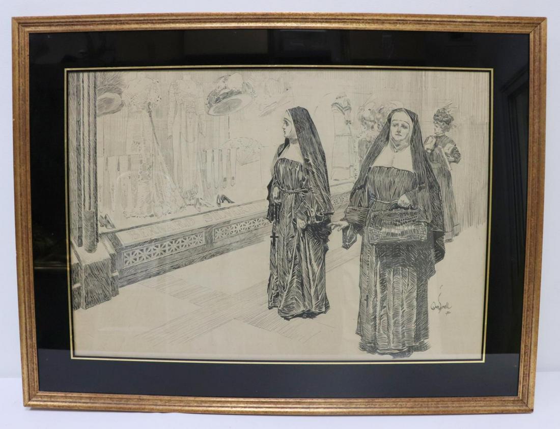 Orson Byron Lowell (American, 1871-1956) Ink on Paper: Orson Byron Lowell (American, 1871-1956) Framed Ink on Paper. Illustration of two nuns curiously looking at clothes in a department store window. Total measurements with frame - 27" high x 36" wide.