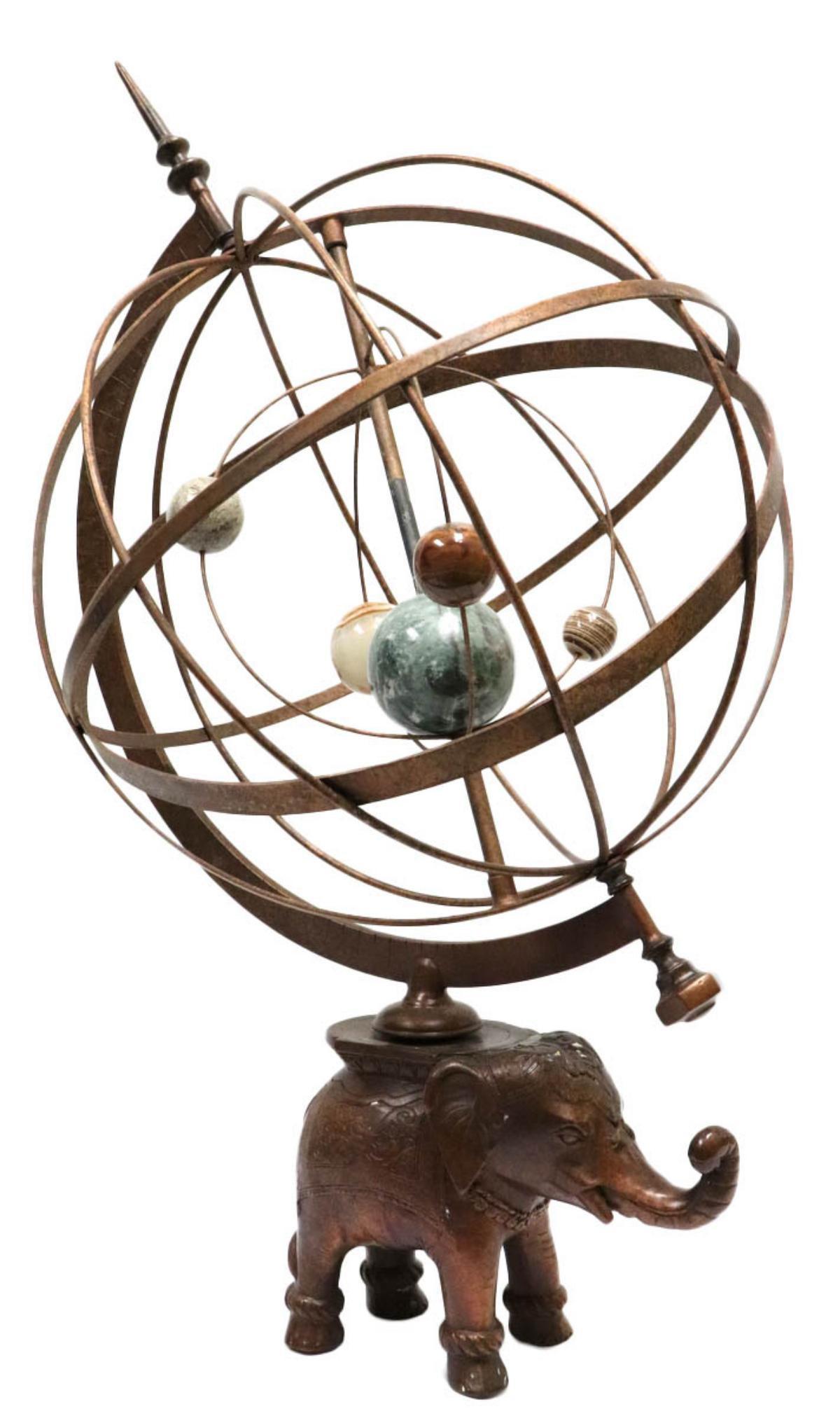 Large Armillary Sphere Bronze Elephant Sculpture: Large Armillary Sphere Bronze Elephant Sculpture. With semi-precious stone globes. Measures approx. - 37 1/2" high x 19 1/2" wide.
