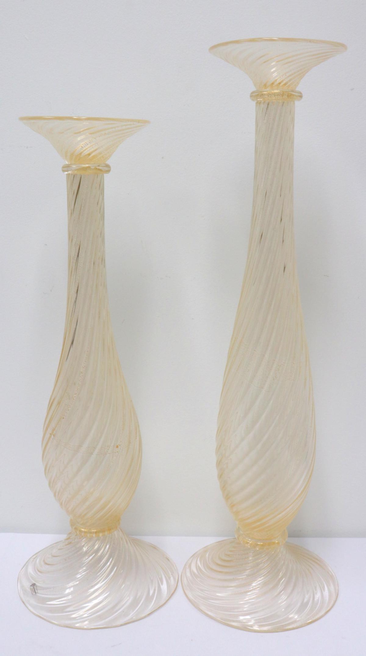 Vittorio Rigattieri Gold Flecks Murano Candle Holders: Vittorio Rigattieri Gold Flecks Italian Murano Art Glass Candle Holders. Measures approx. - 25 1/8" high x 9 1/8" diameter.